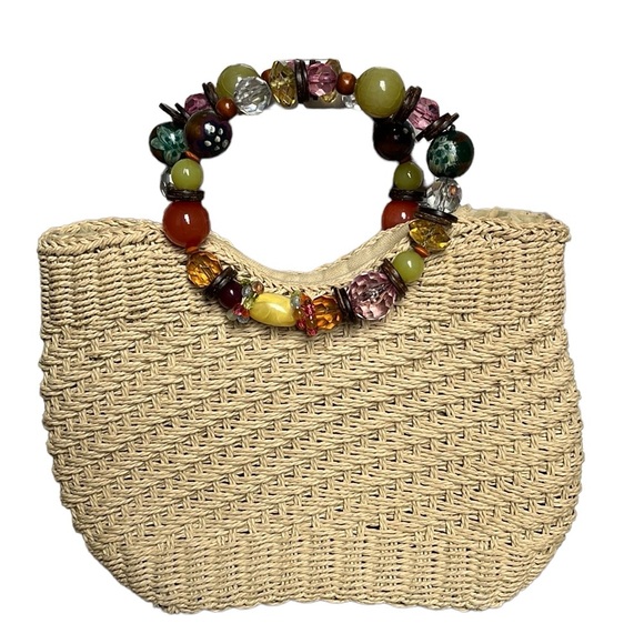 Cappelli Straworld Woven Handbag Beaded Handle Tote Purse - Picture 1 of 7